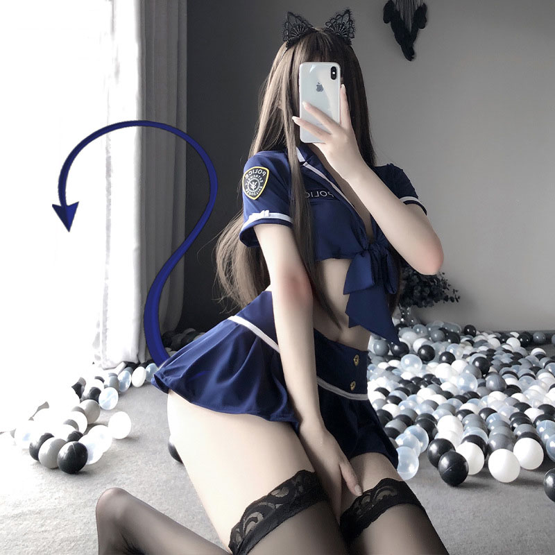  Sexy Lingerie Sexy Policewoman Cosplay Costume Lace Top Pleated Bow-knot Cute Skirt Uniform Temptation Set
