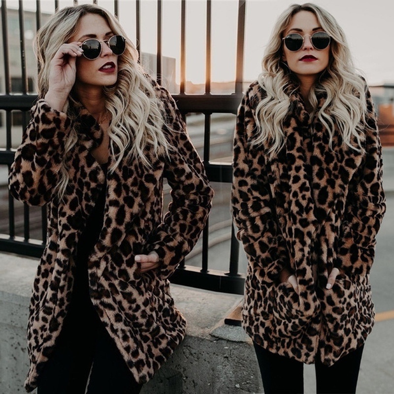 Mulheres Leopardo Inverno Manga Comprida Jacket Parka Quente Grosso