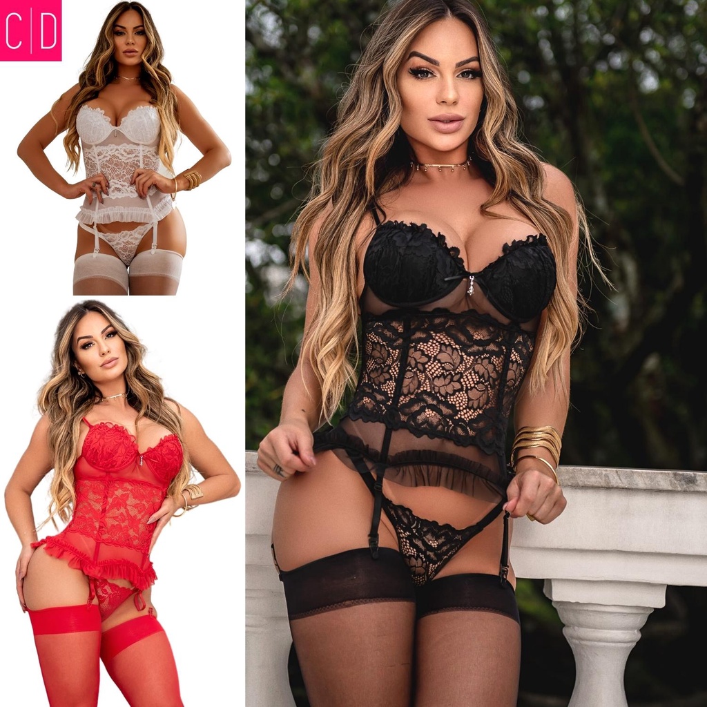 Espartilho Conjunto Lingerie Luxo Completo Calcinha Cinta Liga E