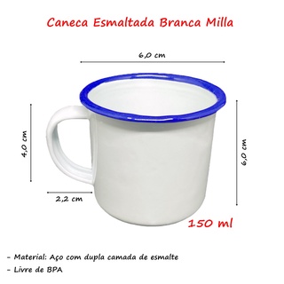 Kit 6 Canecas Esmaltadas Ágata Xícara 150ml Branca Café Chá 3035