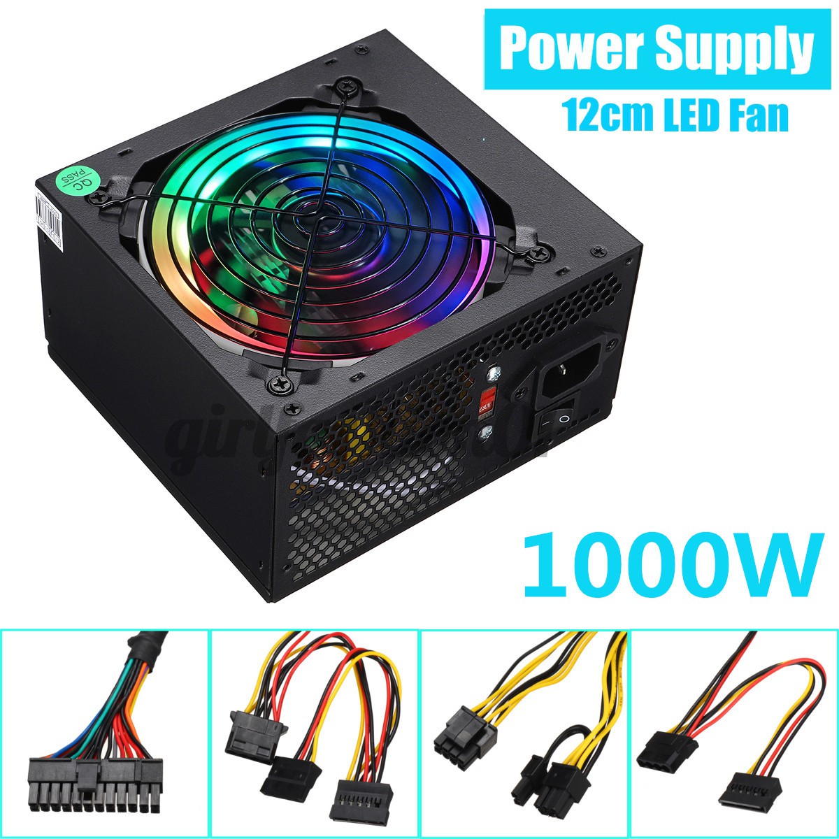 1000 w fonte de alimentação multicolor led fan 24 pin atx pci sata 12 v