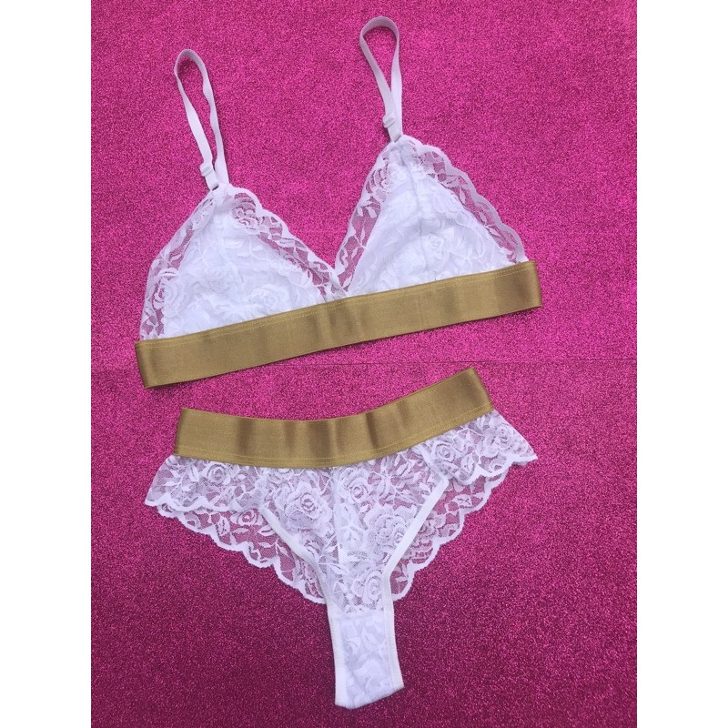 Conjunto Lingerie Sem Bojo Renda Confortável Branco e Dourado Calcinha