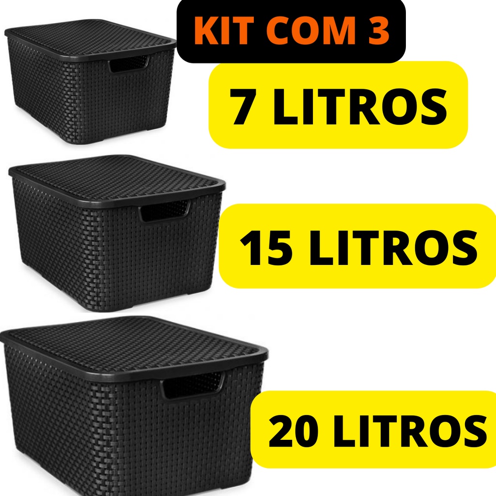 Kit 3 Caixa Organizadora Rattan Tampa Cesto Preto 7L