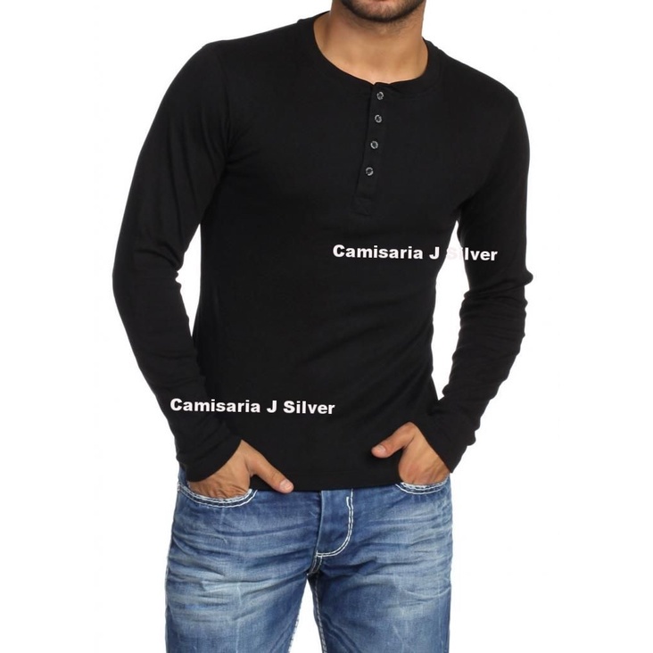 Camiseta Henley Masculina Slim Fit Manga Longa J Silver Preta Azul