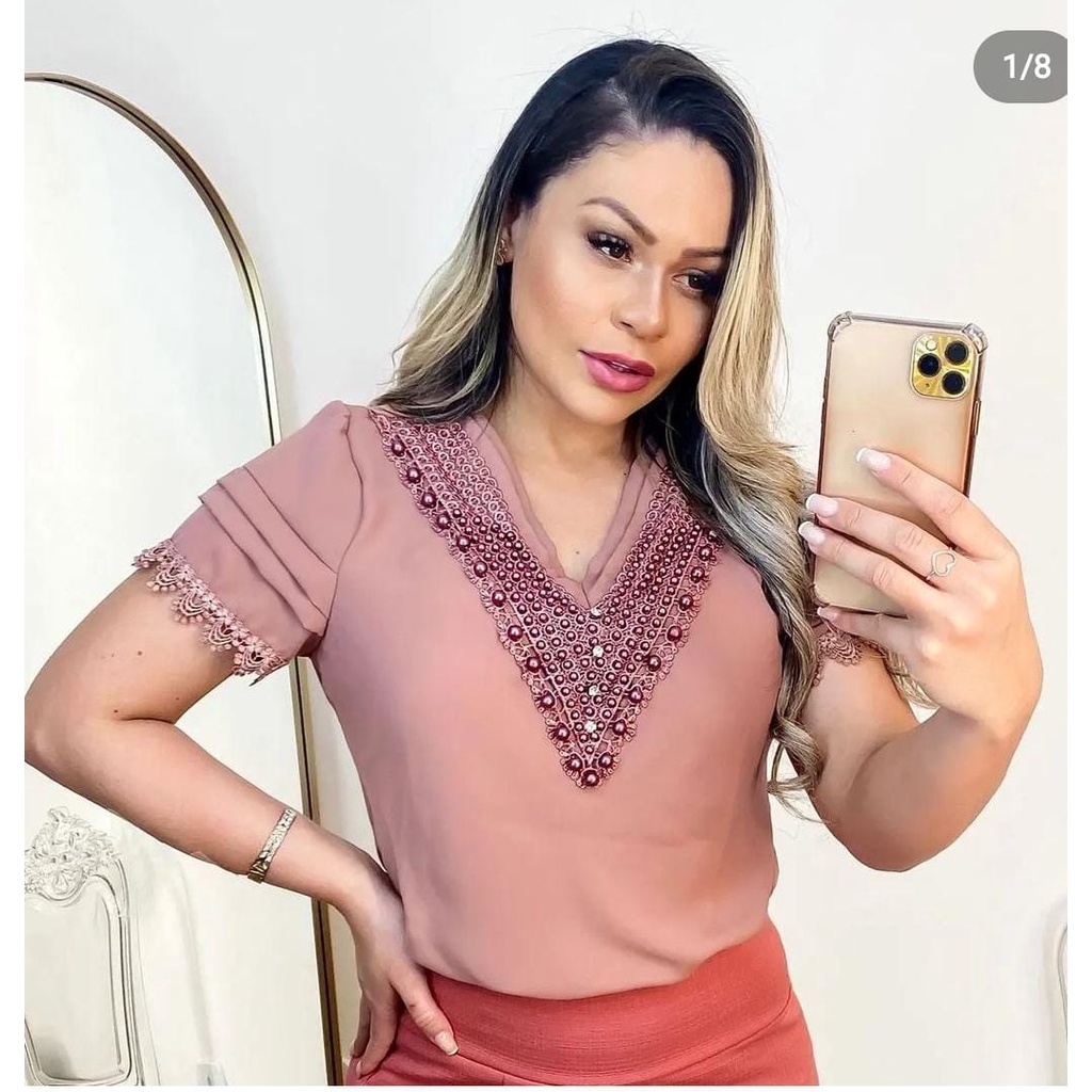 Blusa Social Manga Curta De Pedrinha Moda Feminina Shopee Brasil