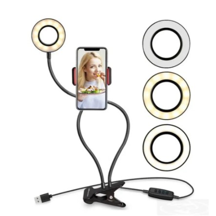Iluminador Ring Light Led Live Circular Profissional 2x1 Completo Com Suporte Para Celular Smartphone E Garra De Mesa Kit Vídeo Aula Luz Promoção Novidade