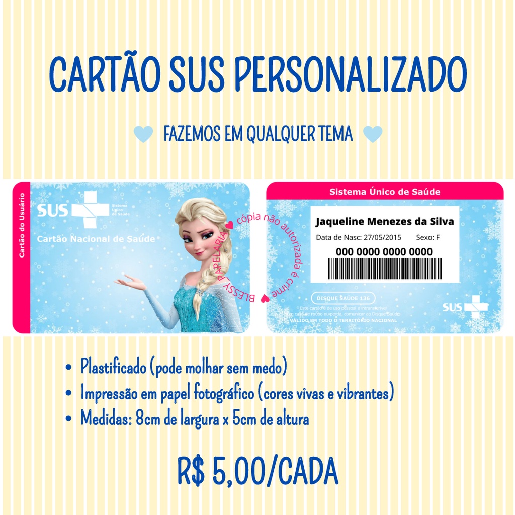 Cartão SUS Personalizado Plastificado Personalizamos em Qualquer tema