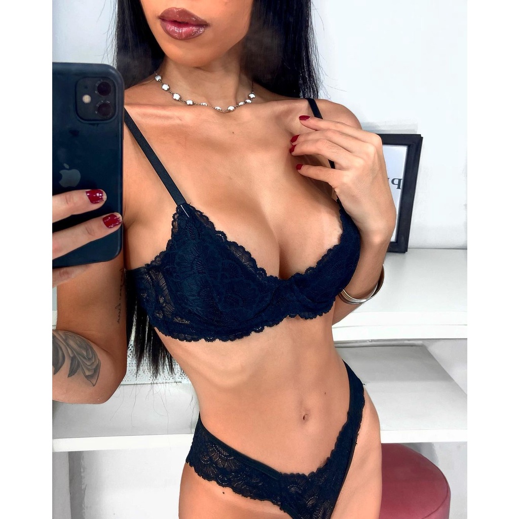 Conjunto Lingerie Preto Renda Sem Bojo Forrado Aro Shopee Brasil