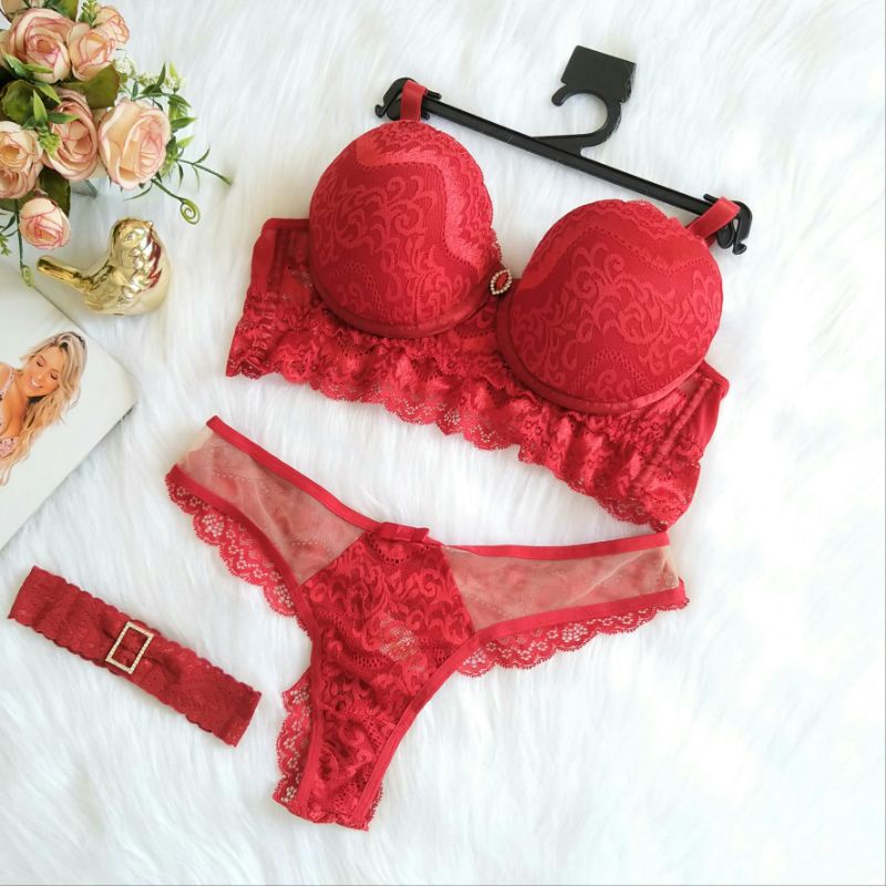 Conjunto Lingerie Luxo Vermelho Renda E Tule Amor Perfeito