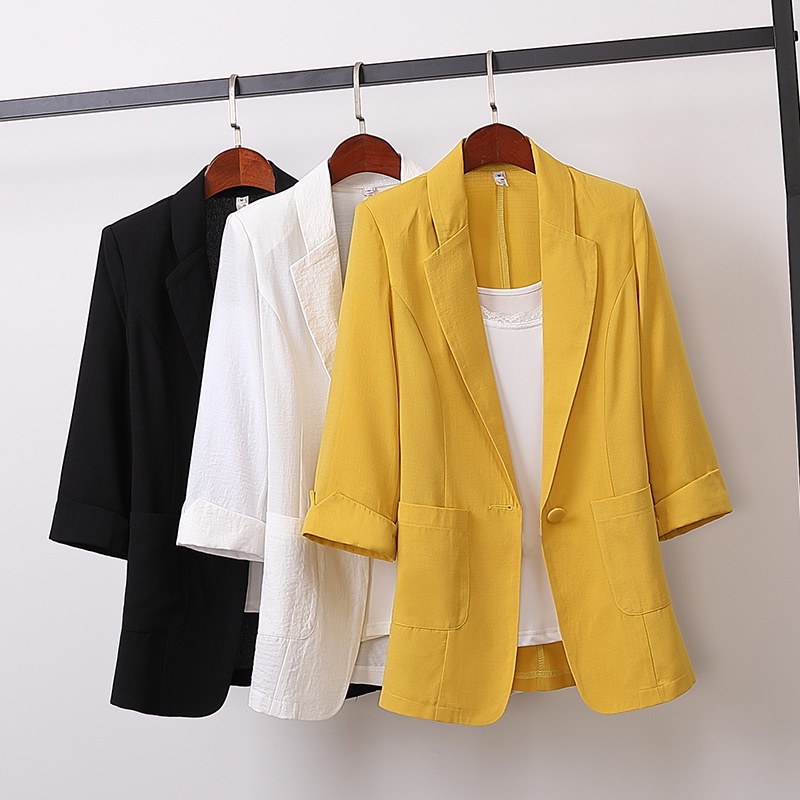 HEHESHOP Blazer Jaqueta Feminina De Algodão Linho Comprimento Médio