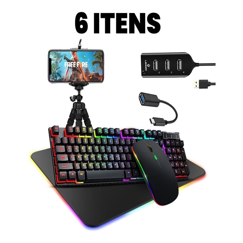 Kit Gamer Mobilador Teclado E Mouse RGB Exbom OTG Tipo C Mouse Pad