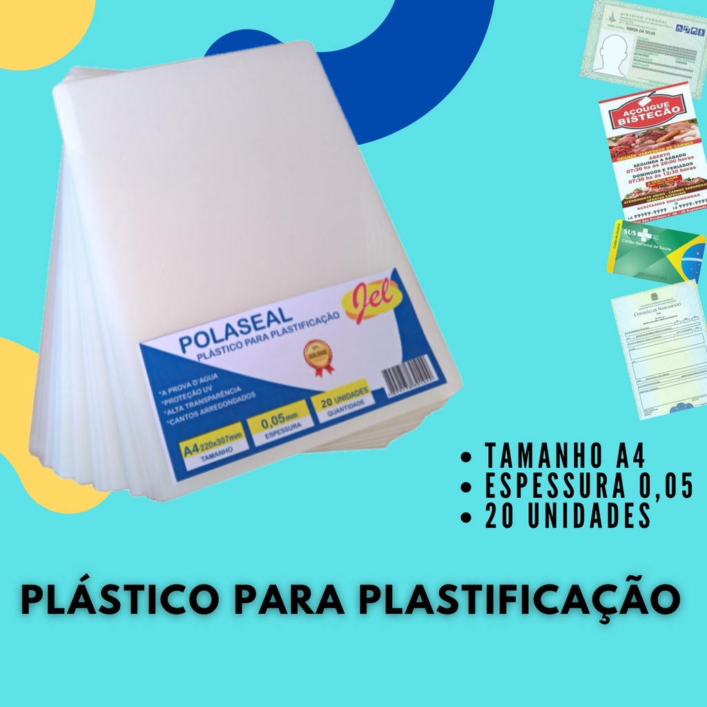Plástico para Plastificação Polaseal Tamanho A4 125 Mícron Pacote com 20 plásticos
