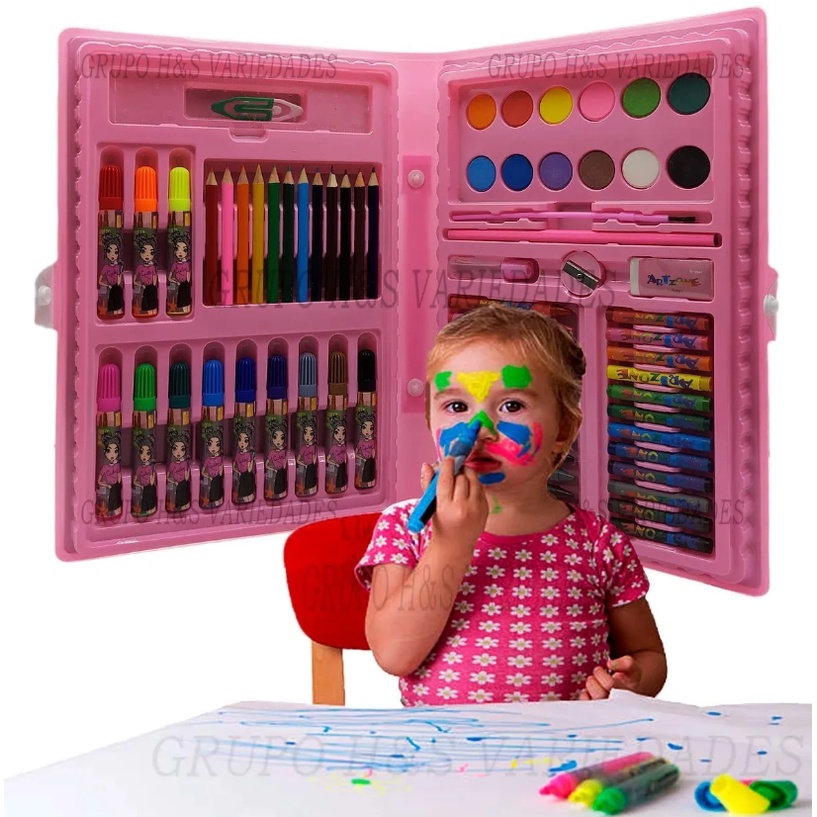 Maleta De Pintura Infantil Estojo Material Escolar 68 Peças rosa e azul