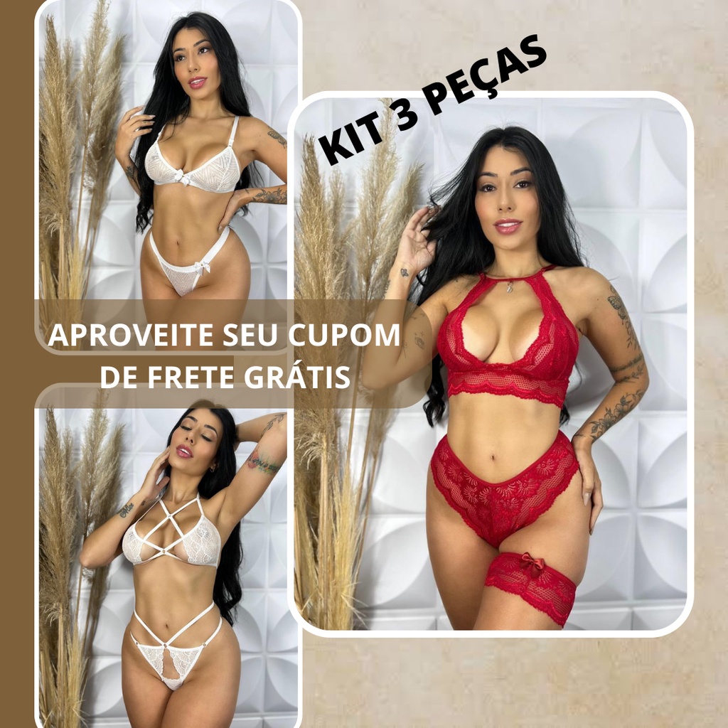 Kit 3 Conjuntos Lingerie Renda Calcinha E Sutia Sem Bojo Langerie Sex