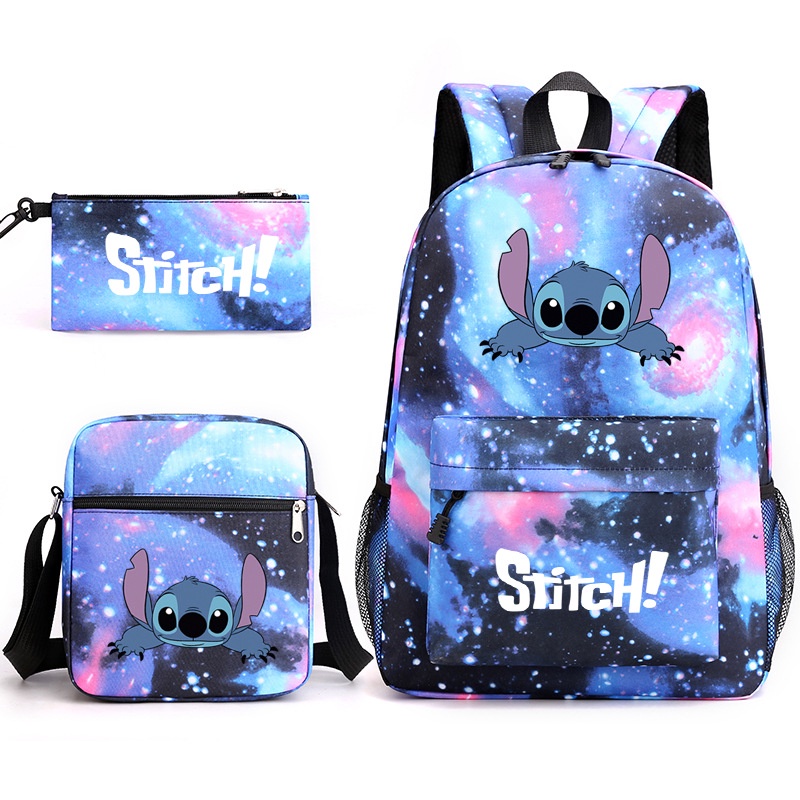 Stitch Mochila De Costura Ombro Estudante Preta Conjunto De Tr S Pe As