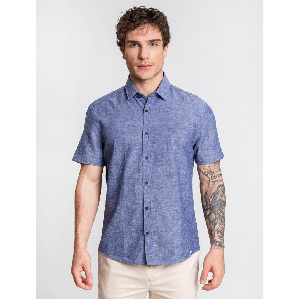 Camisa Linho Manga Curta Azul Shopee Brasil