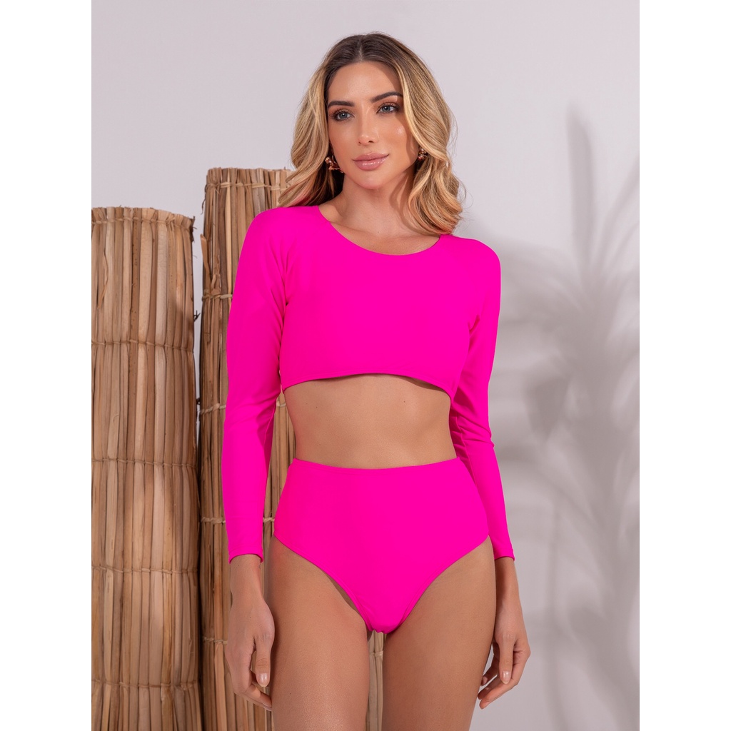 Biquíni Cropped Manga Longa Calcinha De Cós Alto Moda Praia XX36 HT