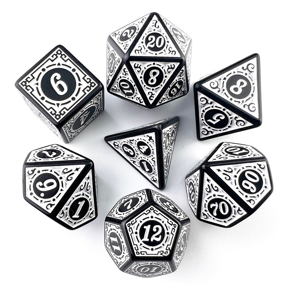 Dados Rpg Conjunto Sete Poliedricos Runas Preta C N Branca