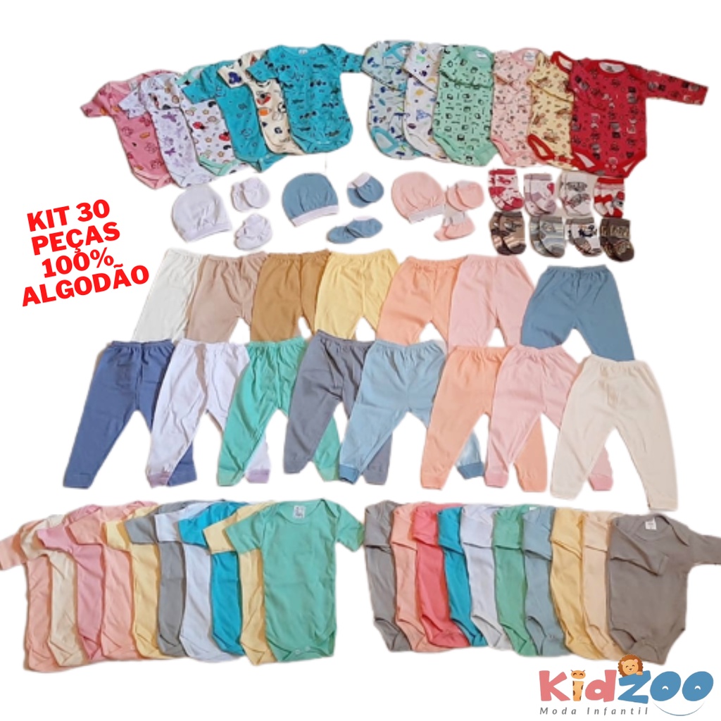 Kit Enxoval Body Mijão Touca Luva Meia 30 Peças bebê Menino Menina 100