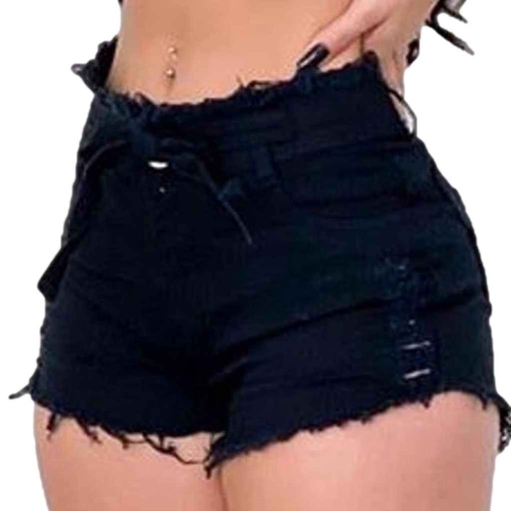 Shorts Feminino Jeans Preto Desfiado Moda 2022 Escorrega o Preço