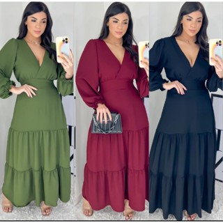 Vestido Longo Manga Longa Decote V Feminino Duna Viscolinho Shopee Brasil