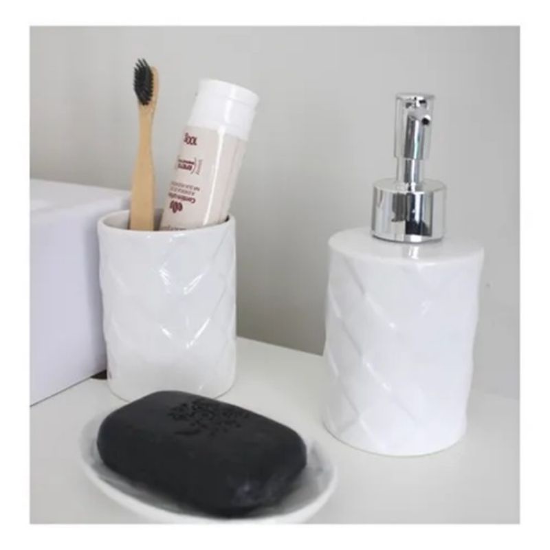 Kit Saboneteira Lavabo Para Banheiro Pe As Em Cer Mica Branco