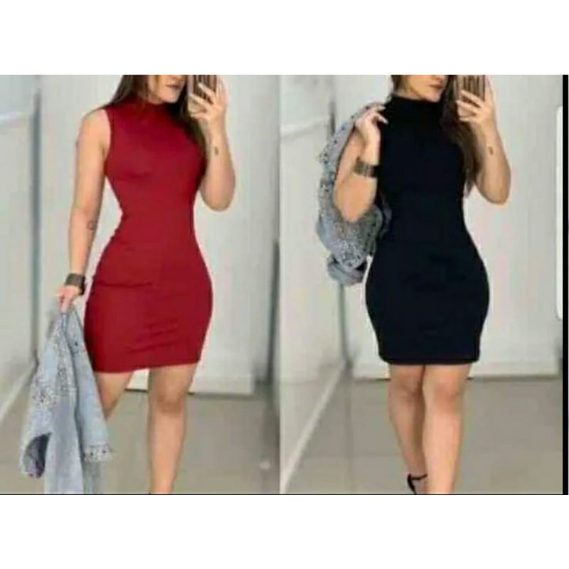 Vestido Feminino Curto CANELADO Gola Alta Manga Cavada Moda Shopee Brasil