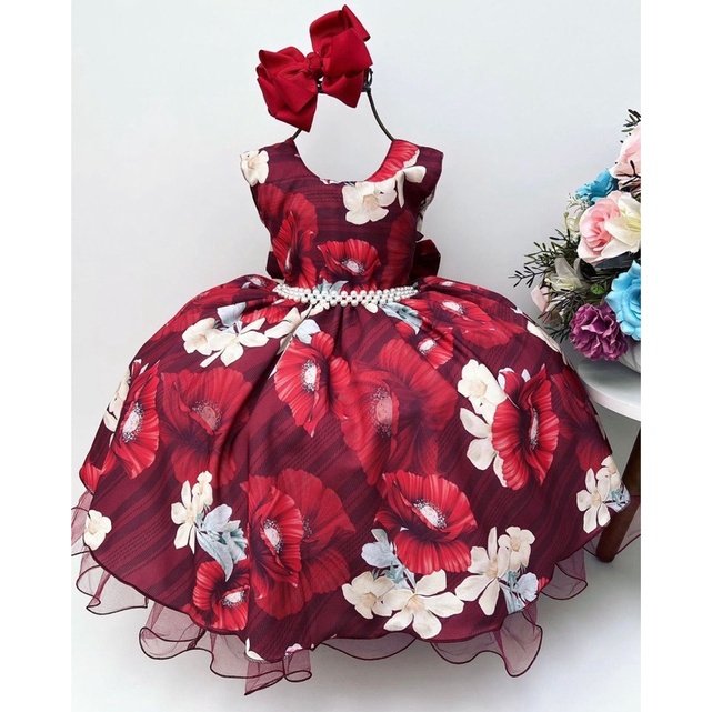 VESTIDO INFANTIL MARSALA FLORIDO PERFEITO PRINCESA NATAL FESTA DAMINHA