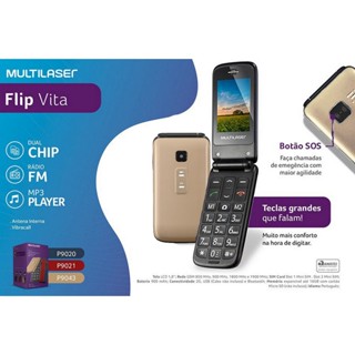 Celular Idoso Bluetooth Flip Vita Multilaser Dourado R Dio Fm Abre E