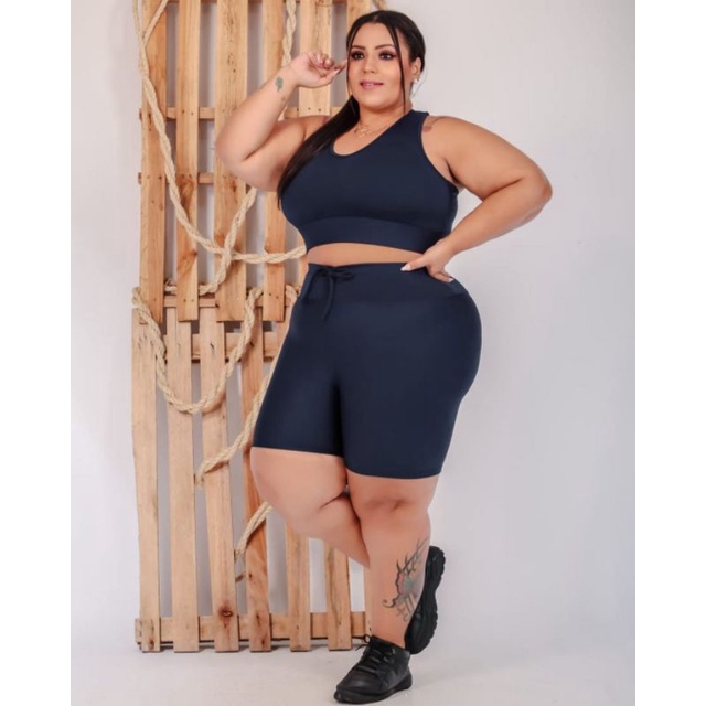 Conjunto Academia Plus Size Top Nadador E Bermuda Do G1 Ao G4 Shopee