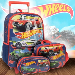 Kit Mochila De Rodinhas Hot Wheels Estojo Lancheira Escolar