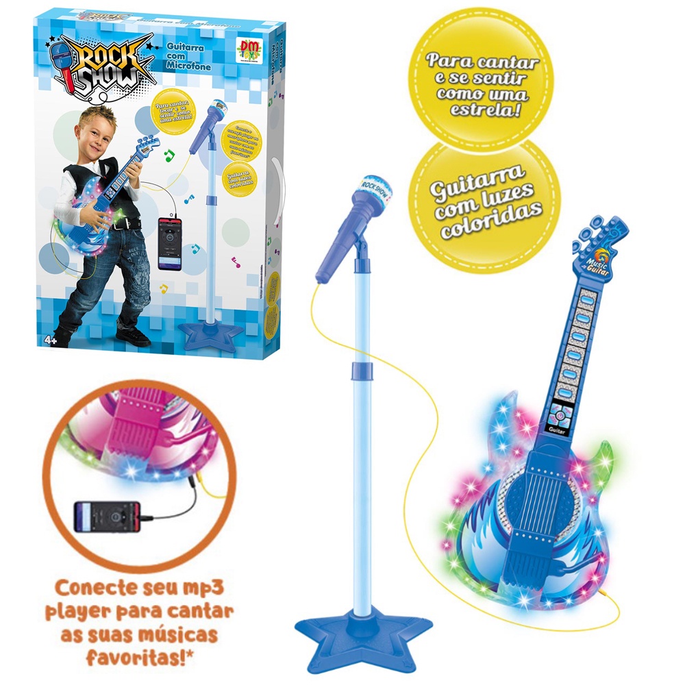 Guitarra Microfone Musical Infantil Rock Show Pedestal Azul Cabo P