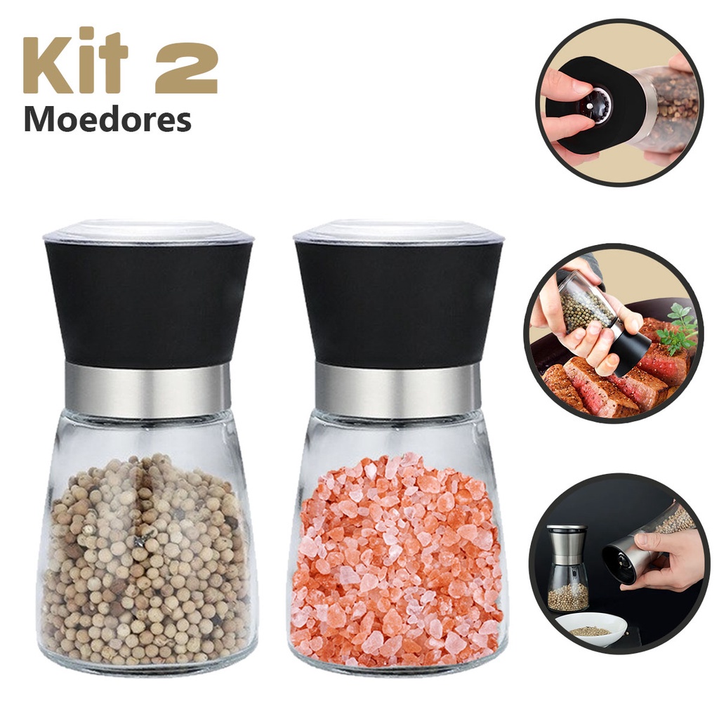 Kit 2 Moedores Madeira Engrenagens Cerâmica Sal E Pimenta Compacto