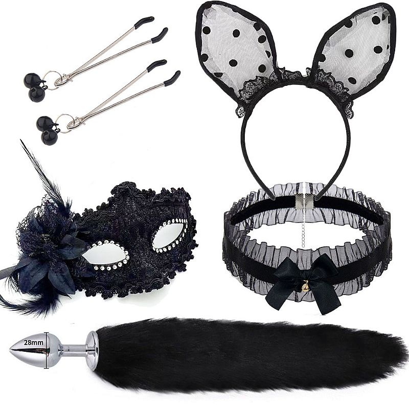 Kit Sex Shop Fantasia Mascara De Gala Plug Anal Cauda Tiara Grampo