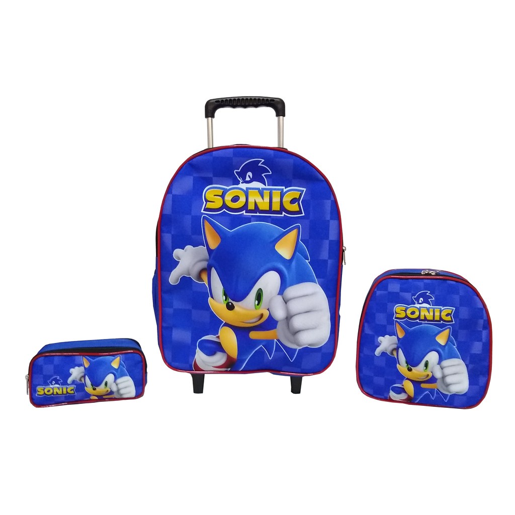 Kit Mochila Infantil Sonic De Rodinhas Lancheira Estojo Azul