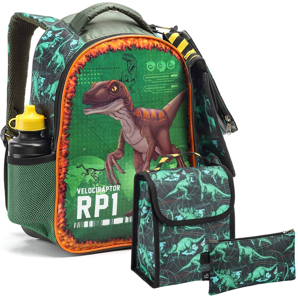 Kit Mochila Infantil Dinossauro com 5 Peças Lancheira Estojo