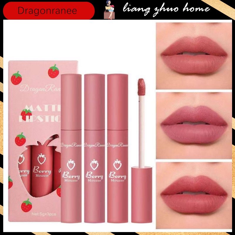 Dragon Ranee 3PCS Veludo Morango Matte Batom Maquiagem Caneta À Prova D'água Longa Duração Sexy Hidratante Labial Gloss Cosmético