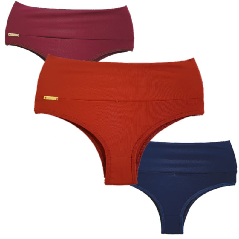 Kit 3 Calcinha Rubia Microfibra Poliamida Cos Alto Duplo Reforçada Fundo Algodão Lingerie Conforto Basica Calçola