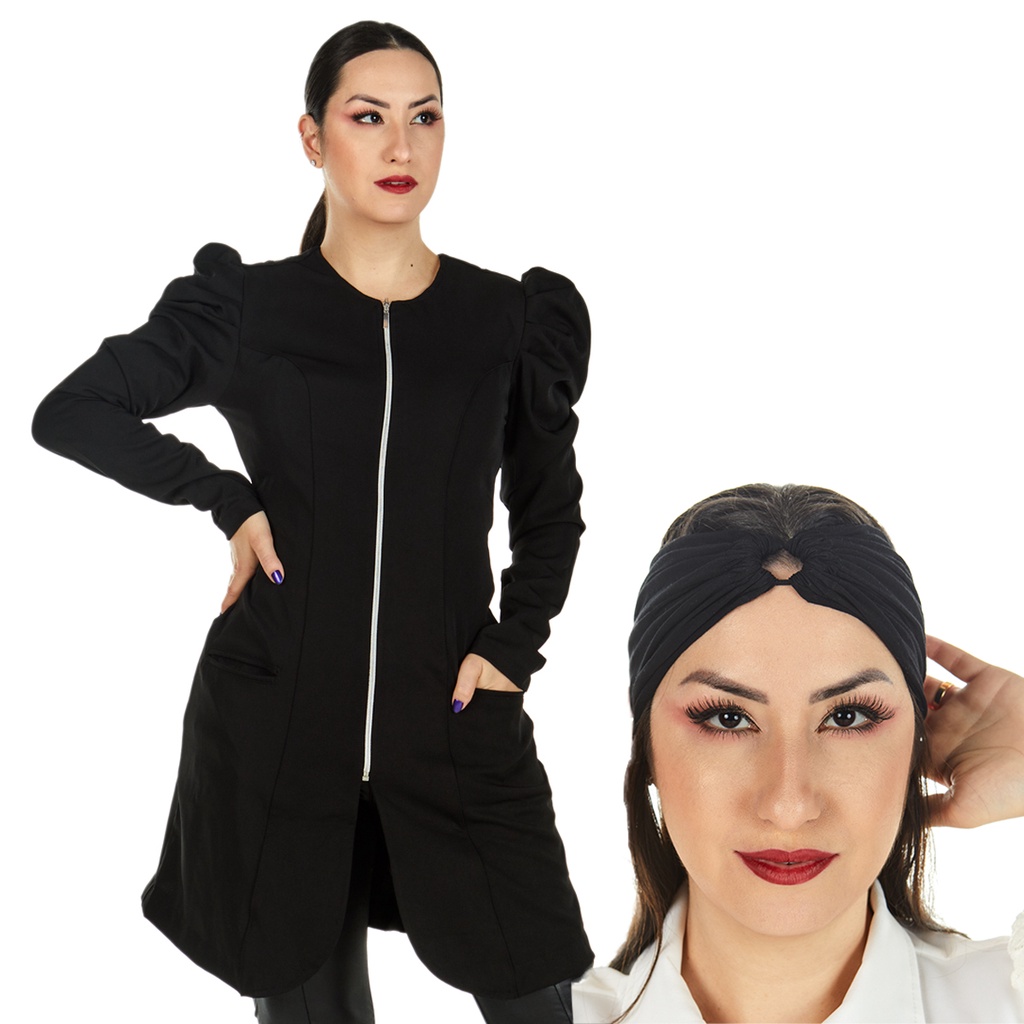 Jaleco Acinturado Manga Longa Princesa Preto + Turbante Nail Designer Profissional Salão de Beleza