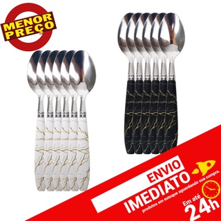 Kit 6 Talher Colher de Sobremesa Marmorizado Inox Mesa Posta - Envio Imediato