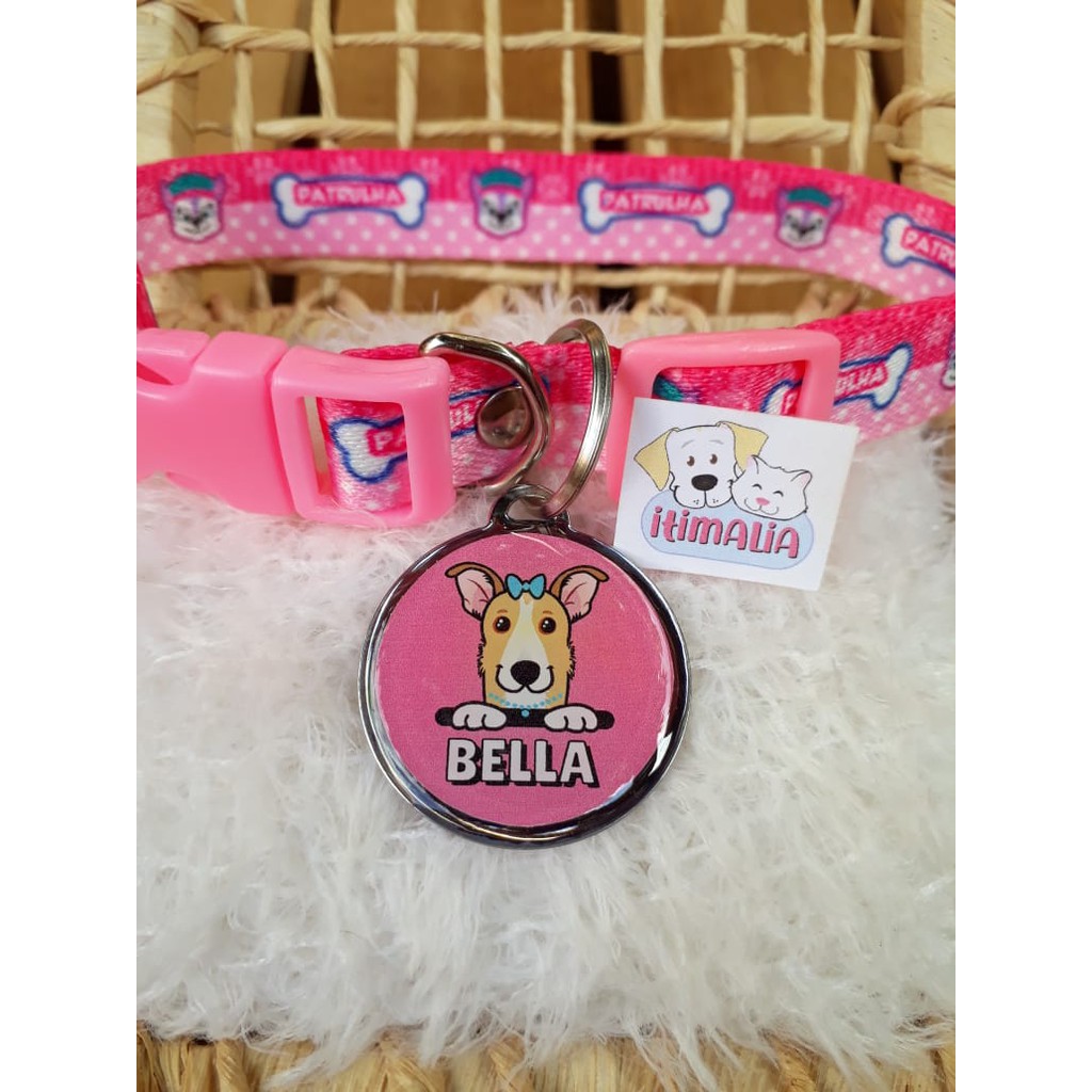 Plaquinha de Identificação Pet  Com Coleira Para Cães  - TAG MEDALHA -  Com Desenho do Seu Cachorro