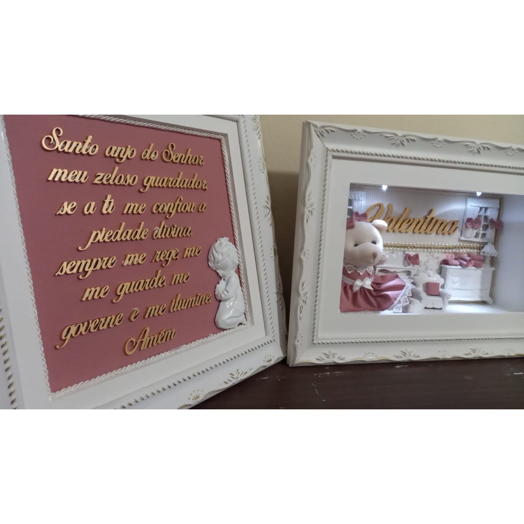 kit Porta maternidade + quadro oração santo anjo rose