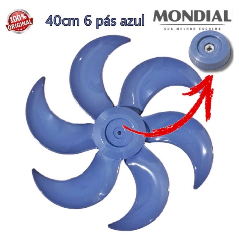 Helice Mondial 40cm Azul 6 pas - Bravio / Turbo Silencio ou Kit Porca Botao Trava da Helice