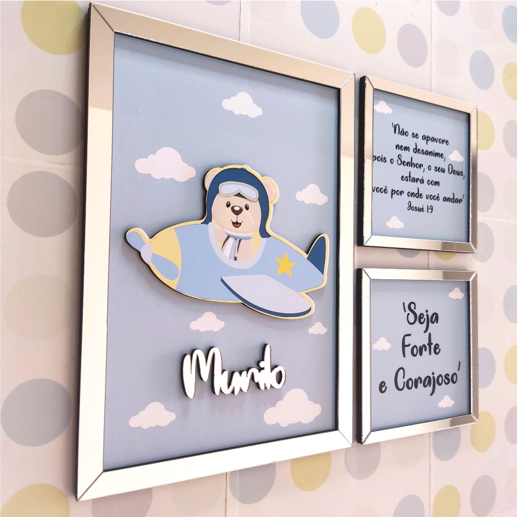 Kit 3 Quadros Personalizado Com o Nome Menino Quarto Baby Bebê Urso Aviador Ursinho Aviador Ursinho Infantil