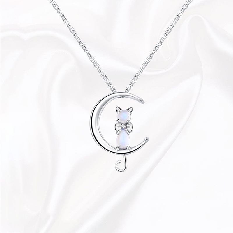 Luxury elephant Women Necklace Moonstone Pendant Moon Cat 925 