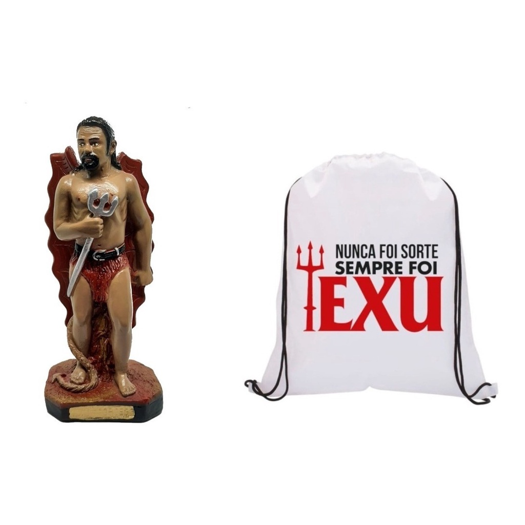 Kit Estátua Exu morcego em gesso 20 cm  mochilinha personalizada branca cordão preto umbanda candomblé acessórios