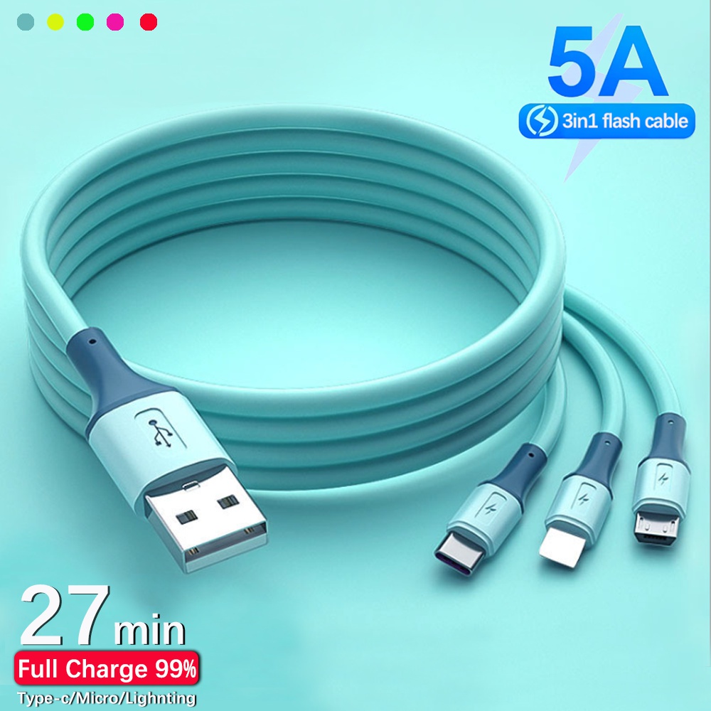 Cabo USB 3 em 1 atualizado Novo silicone líquido com luz indicadora Cabo de carregamento USB 5A Cabo de dados de carregador rápido para iPhone / Android / Tipo C Cabo de carregador