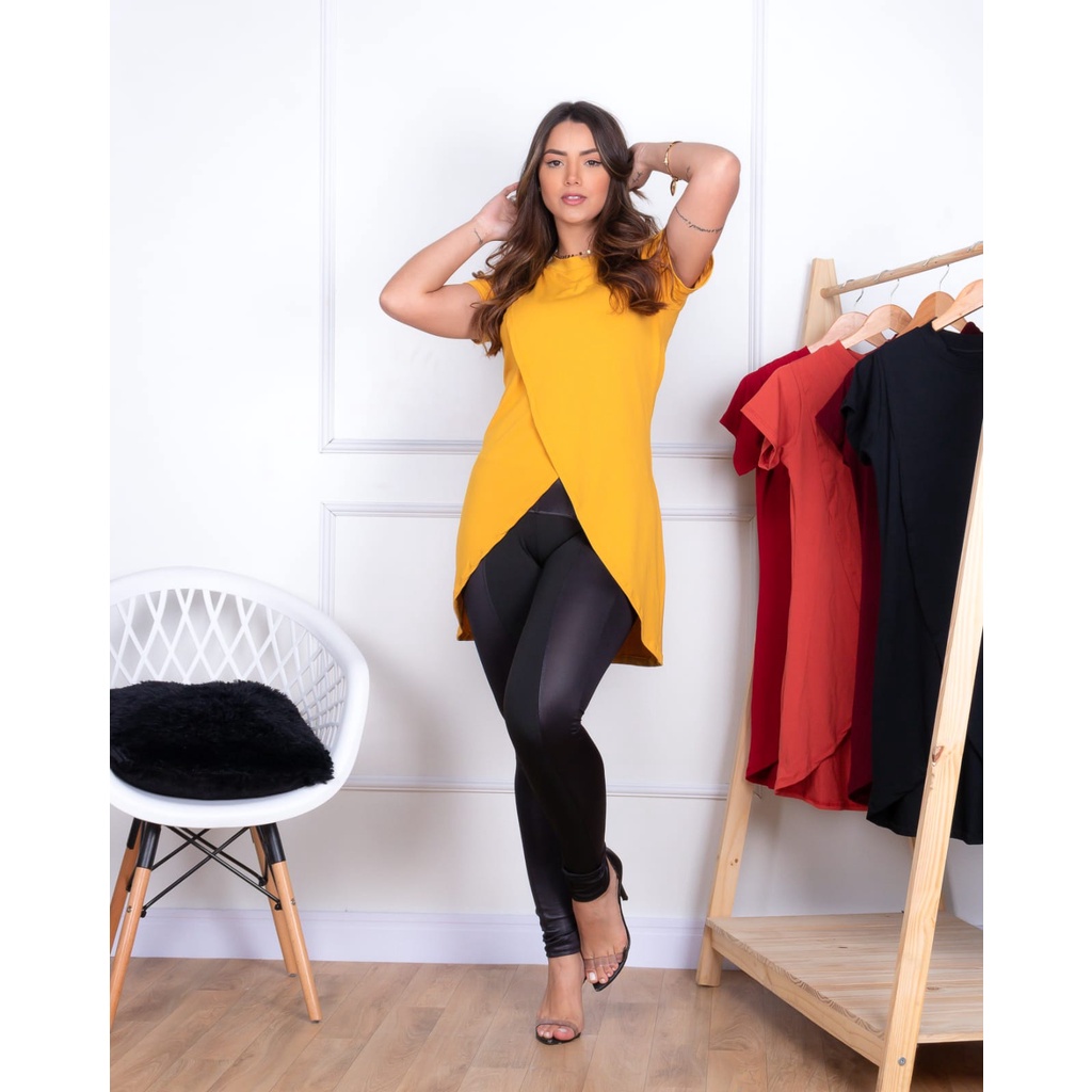 Blusa  Mullet Transpassada Feminina Manga Curta Mullet Alongada Vest Leggin Fashion Verão