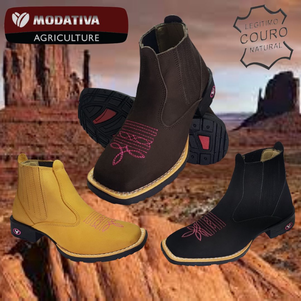 Bota Botina Texana Country Feminina Modativa Couro Legítimo Cano Médio