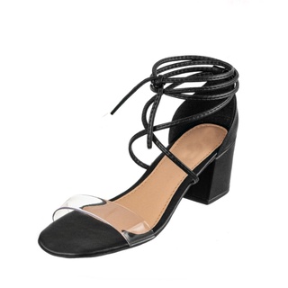 Sandália Feminina de amarração Salto Médio Grosso Bloco Vinil Transparente Moda Casual Tendência Amarrar na perna Lançamento